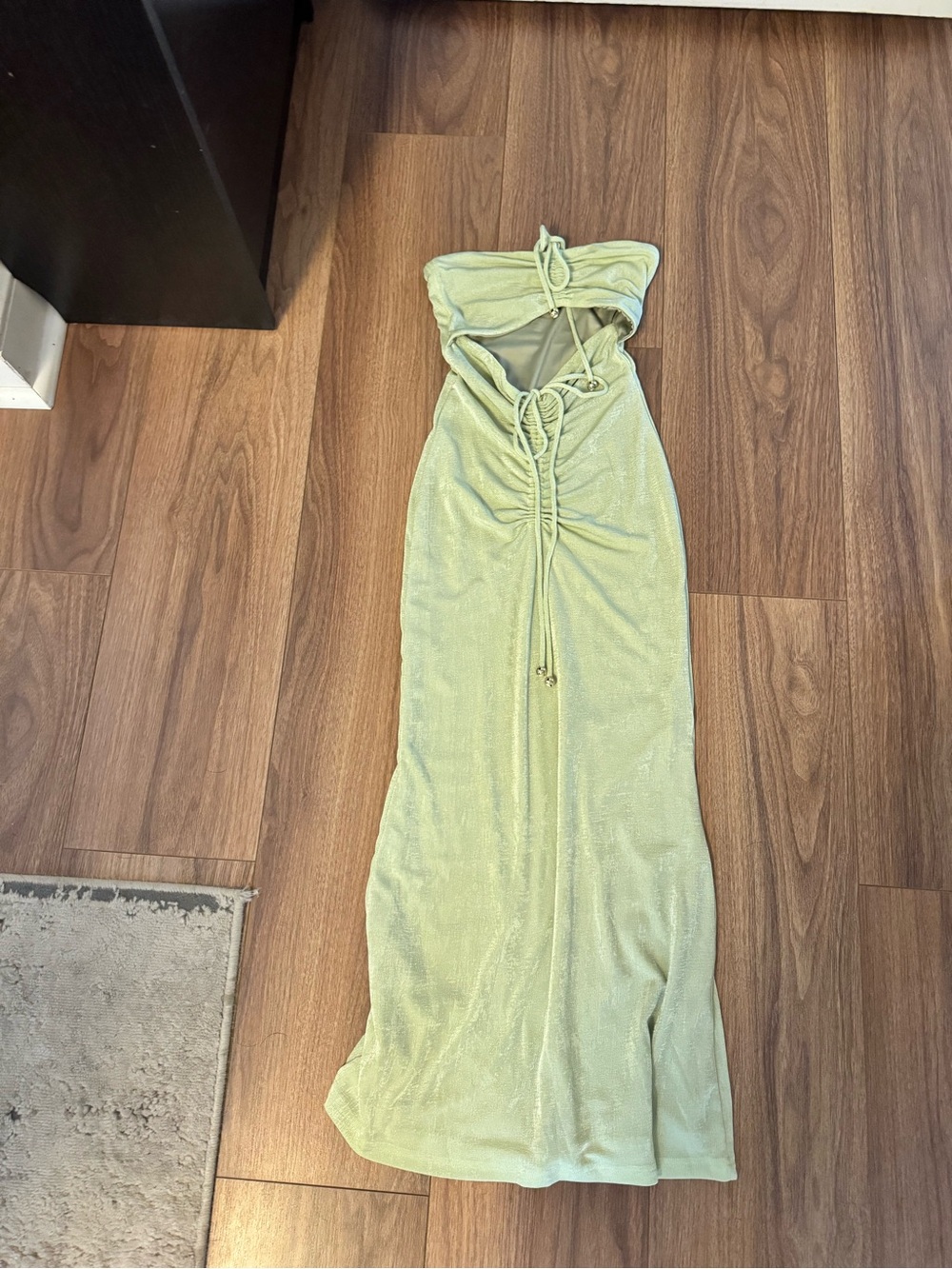 Kittenish Strapless Ruched Maxi Dress in Light Green